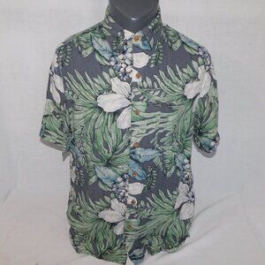 Vintage Silk Gray Green White Floral Hawaiian Silk Linen Blend Shirt  Mens M